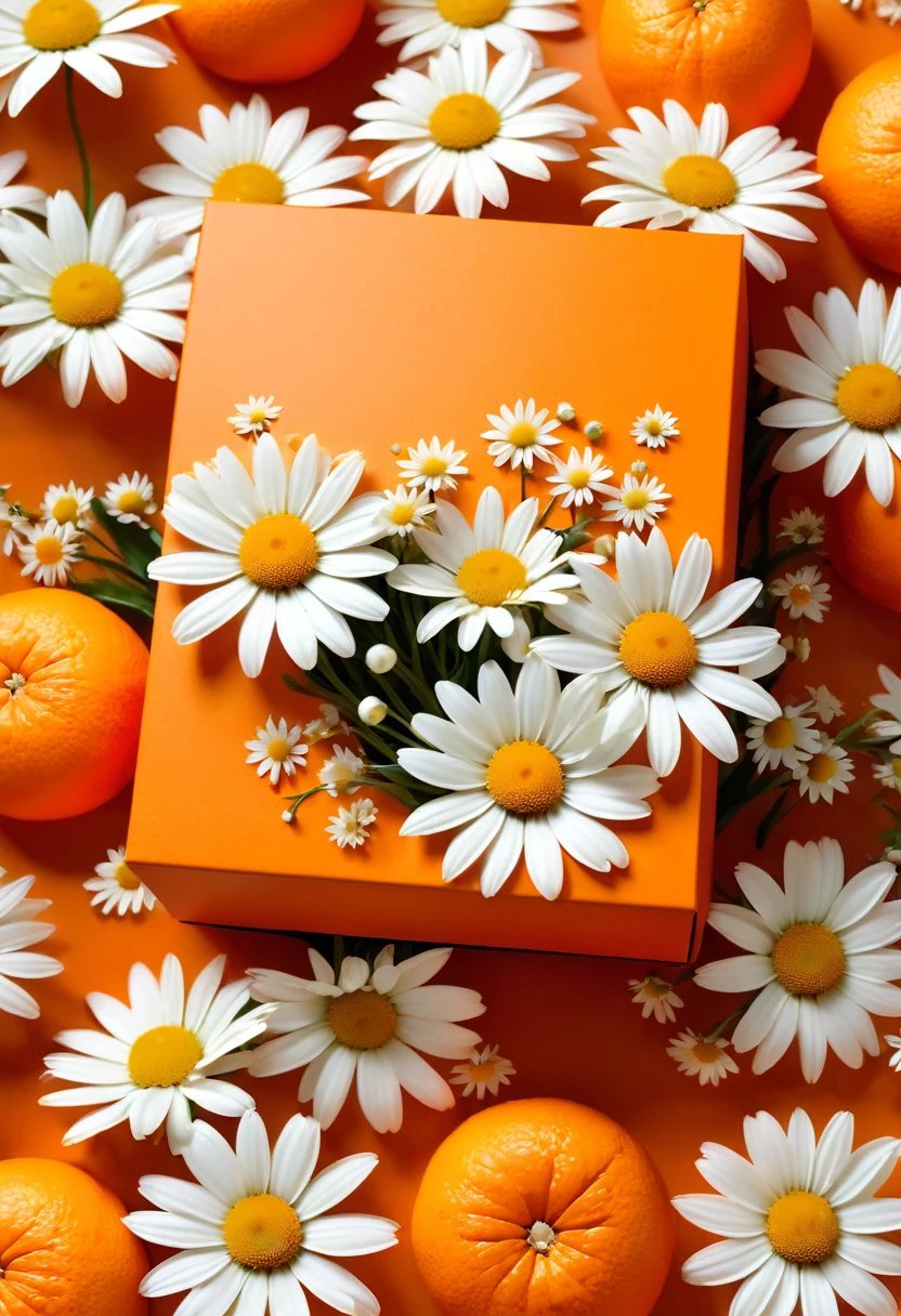 poster design，A huge orange exquisite gift box，White daisies，Flowers，fantasy，Minimalism，Morning Yayoi Style，