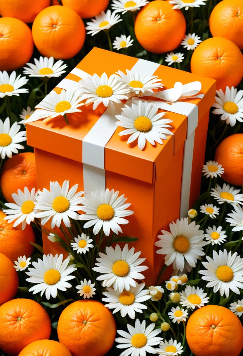 poster design,A huge orange exquisite gift box,White daisies,Flowers,fantasy,Minimalism,Morning Yayoi Style,