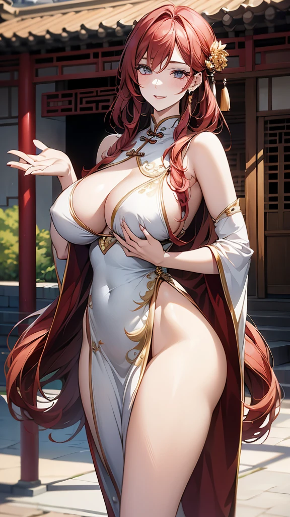 (art: 1.2), (best quality: 1.2) 1 woman, mature, tall (1.85 cm), slender body, appeared to be around 18 years old, had long red hair, straight and shiny hair, tied in a Taotist style Chinese, blood red eyes, extremely detailed eyes, perfect eyes, extremely realistic eyes, well-aligned eyes, long eyelashes, anime style, perfect face, mature face, full lips, smiling, mature, fair skin, natural body, SEXY BODY, mature body, perfect hands, detailed hands, hands well proportioned to the body, realistic hands, arms with good anatomy, she only wore a white Chinese style dress decorated in gold and silver that still couldn't hide her extremely large and huge breasts that were hanging down due to to their size, thick thighs, wide hips, looking at the viewer, background scene, scene of a Chinese-style pavilion hall, posing alone Looking at the viewer