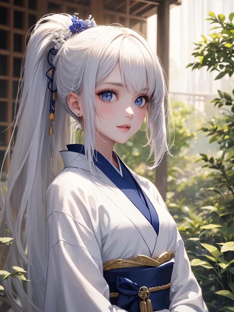 (​masterpiece),(top-quality:1.2),(perfect anatomy),(a girl in a white kimono),beautiful detailed blue eyes,white mesh hair, ponytail hair,cute face,(Highly detailed elegant), Detailed skin,Add a dramatic and symbolic element to your scene, Silky to the touch,sideways glance,from side,Through delicate lines and gorgeous colors,Make her beauty more vivid,Captivating smile,cowboy shot,in japanese gardens