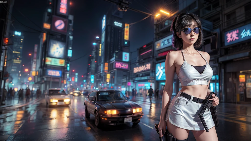 8k, Realistic Skin Texture, Realistic Photo, Neo Tokyo, slim Japanese women, large-breast:1.3 cleavage:1.2, AD2050 at night, Dirty hunting jacket, Wearing tube top, miniskirt, (((black sunglasses, automatic rifle, sneakers, cold, shooting pose, very low angle view))), Innovative composition, revenge, cyberpunk, blade runner worldview, Large neon sign, Geisha hologram sign, Strong Wakamoto Sign.