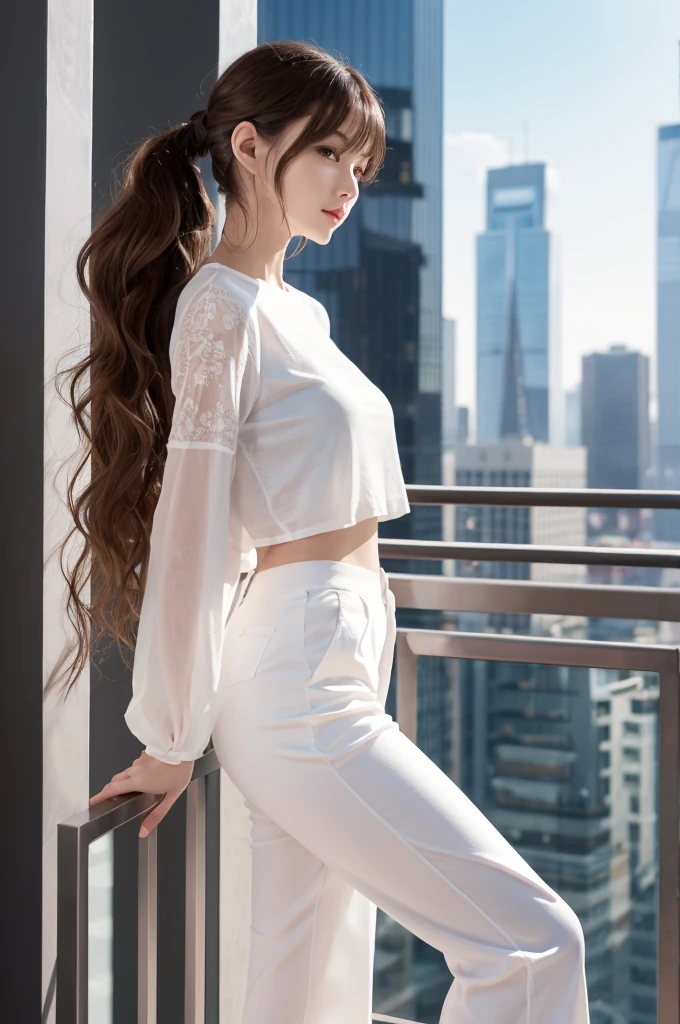 {{{Ultra Detail}}}, {{{realistic}}}, {{{depth of field}}}, full body, from side, head tilt, incredibly detailed, longuette, 1 girls, 30 years old, very long hair, curly hair, high ponytail, light brown hair, beatiful detailed hair, Perfect face, Delicate arms and hands, slim legs, white skin, piercing, oversized clothes, large top sleeves, black trousers, open clothes, cityscape, delicate background, blurry background, an extremely delicate and beautiful, {{{wallpaper 8k CG}}}, {{{best quality}}}, {{{best masterpiece}}},
