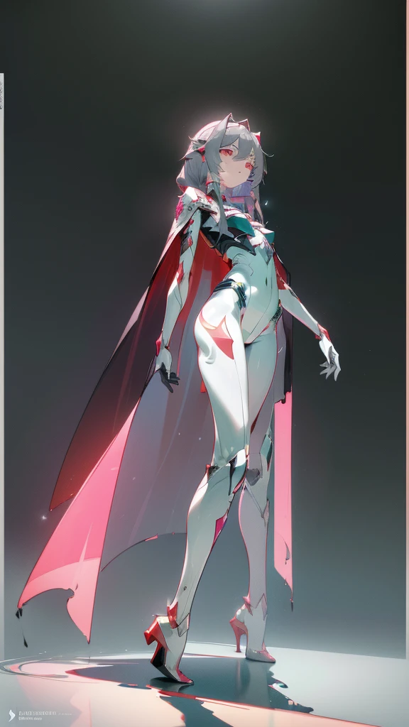 art, 8k, masterpiece, concept_art, (Fu_Hua), (Herrscher_of_Sentience), grey_hair, red_eyes, (plug_suit), white_bodysuit, glowing_bodysuit, pink_accents, green_crystal_on_chest, high_heels, (mystical_armor), glowing_cape