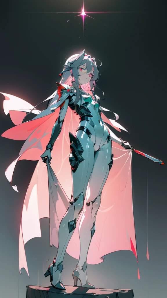 art, 8k, masterpiece, concept_art, (Fu_Hua), (Herrscher_of_Sentience), grey_hair, red_eyes, (plug_suit), white_bodysuit, glowing_bodysuit, pink_accents, green_crystal_on_chest, high_heels, (mystical_armor), glowing_cape