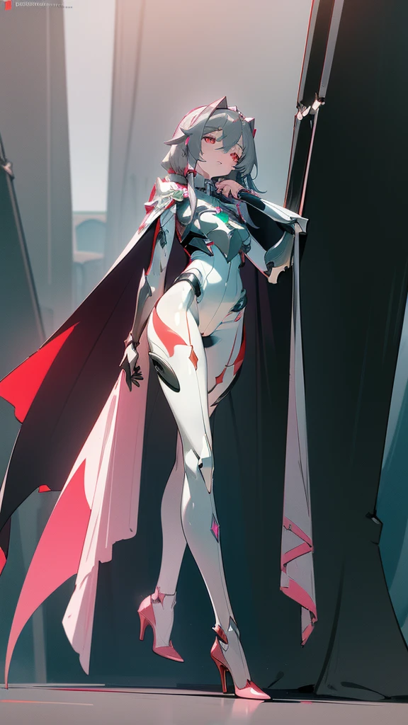 art, 8k, masterpiece, concept_art, (Fu_Hua), (Herrscher_of_Sentience), grey_hair, red_eyes, (plug_suit), white_bodysuit, glowing_bodysuit, pink_accents, green_crystal_on_chest, high_heels, (mystical_armor), glowing_cape