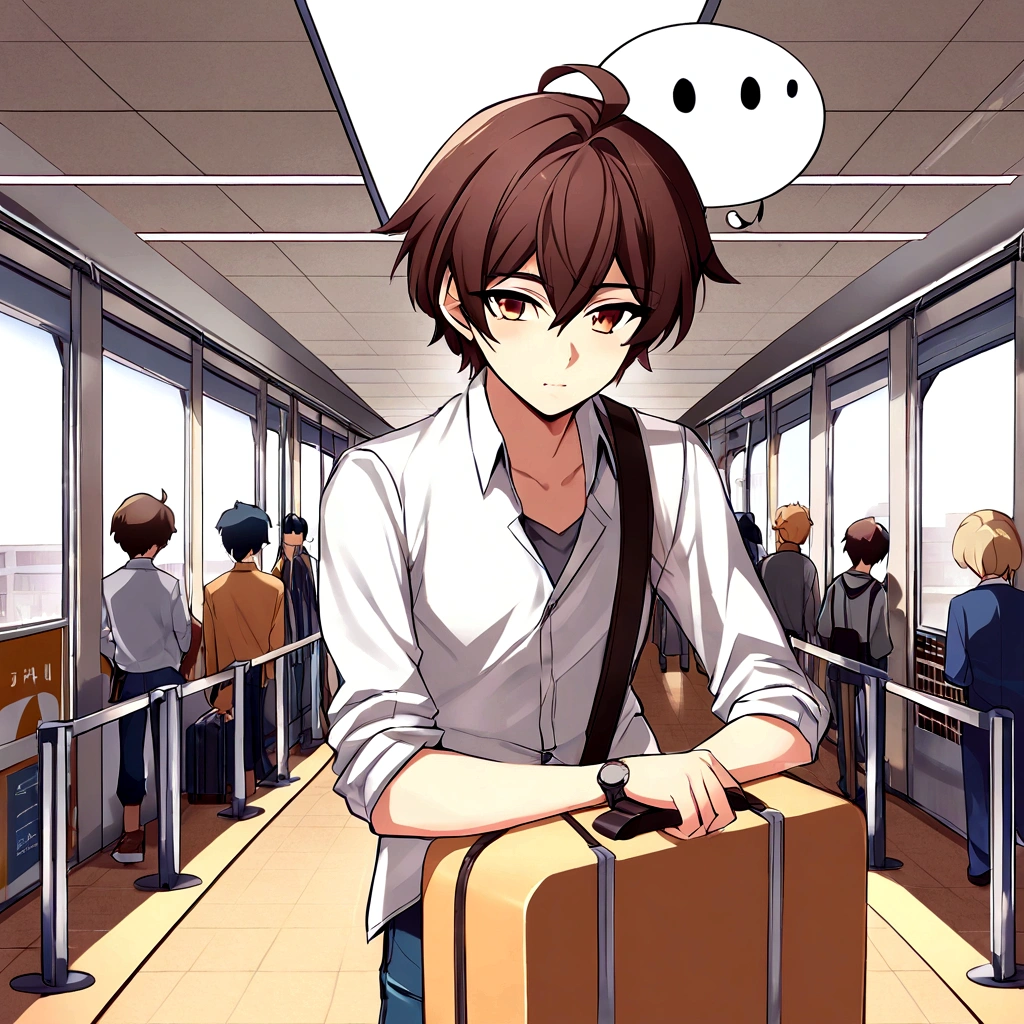 : Kenji, now a ager, is standing in front of the train station with a suitcase. He looks back, seeing your hometown for the last time before leaving.