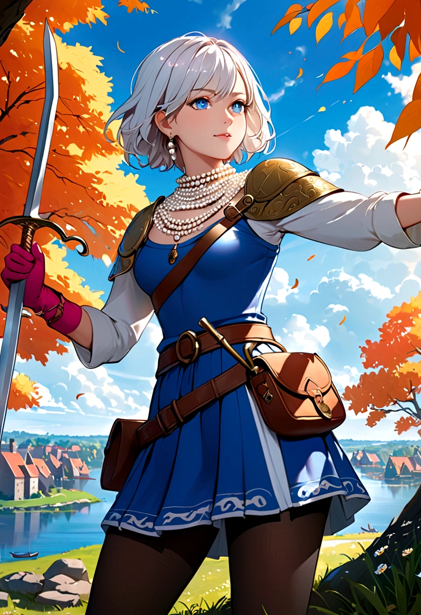 (masterpiece, best quality:1.1), thief (dq3), 1 Girl, Solitary, short hair, White hair, blue eyes, Medium breasts, Pink gloves, Jewelry, Pearl Necklace, earrings, belt, sword, Breastplate, Black tights, Bag, (coin, sword on hip:1.2), (Hook of Holland, Dynamic poses, from the side:1.3), (Blue sky, nature:1.2) 