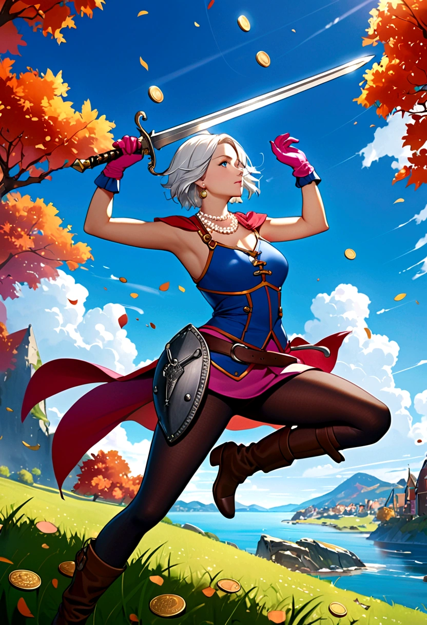 (masterpiece, best quality:1.1), thief (dq3), 1 Girl, Solitary, short hair, White hair, blue eyes, Medium breasts, Pink gloves, Jewelry, Pearl Necklace, earrings, belt, sword, Breastplate, Black tights, Bag, (coin, sword on hip:1.2), (Hook of Holland, Dynamic poses, from the side:1.3), (Blue sky, nature:1.2)