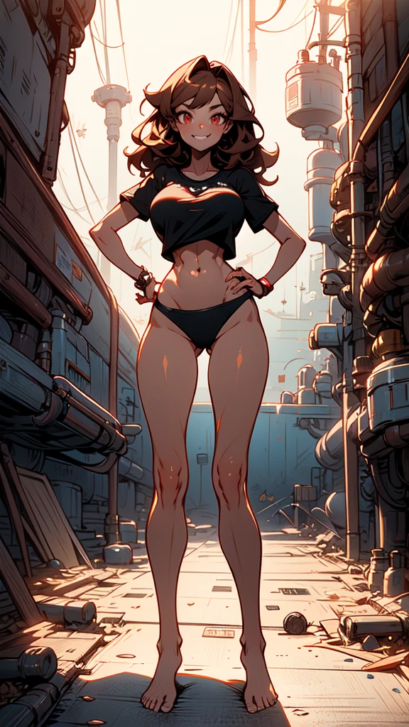 Masterpiece , best quality , Masterpiece , best quality , 1 woman , red eyes , wavy brown hair , sly face , smile , black t-shirt , pink bikini , abdomen , Big breasts, long legs , Barefoot , hands on hips , Stand perfectly straight. , abandoned factory