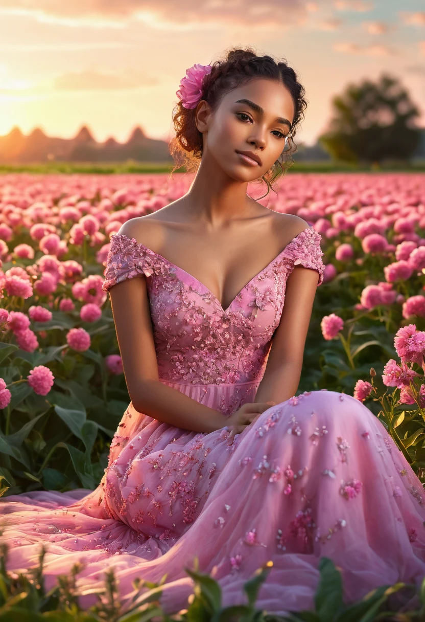 8k, extremely detailed hands and face, beautiful mixed girl, Hair tied ,extremely detailed full body, beautiful chest, cute legs , sitting in a beautiful Flower fields, sunset, long pink dress,vibrant colors, natural lighting, (best quality,4k,,highres, masterpiece:1.2),ultra-detailed,(realistic,photorealistic,photo-realistic:1.37),portrait,landscape