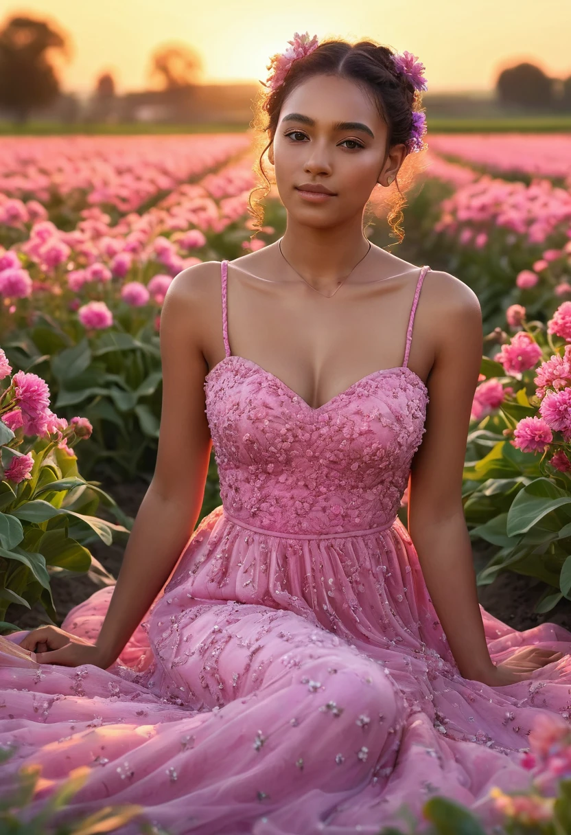 8k, extremely detailed hands and face, beautiful mixed girl, Hair tied ,extremely detailed full body, beautiful chest, cute legs , sitting in a beautiful Flower fields, sunset, long pink dress,vibrant colors, natural lighting, (best quality,4k,,highres, masterpiece:1.2),ultra-detailed,(realistic,photorealistic,photo-realistic:1.37),portrait,landscape
