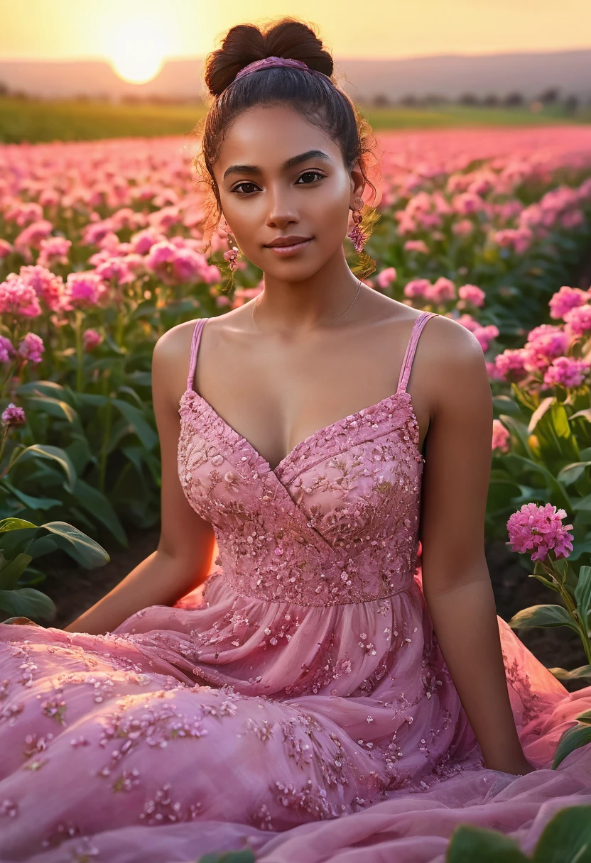 8k, extremely detailed hands and face, beautiful mixed girl, Hair tied ,extremely detailed full body, beautiful chest, cute legs , sitting in a beautiful Flower fields, sunset, long pink dress,vibrant colors, natural lighting, (best quality,4k,,highres, masterpiece:1.2),ultra-detailed,(realistic,photorealistic,photo-realistic:1.37),portrait,landscape