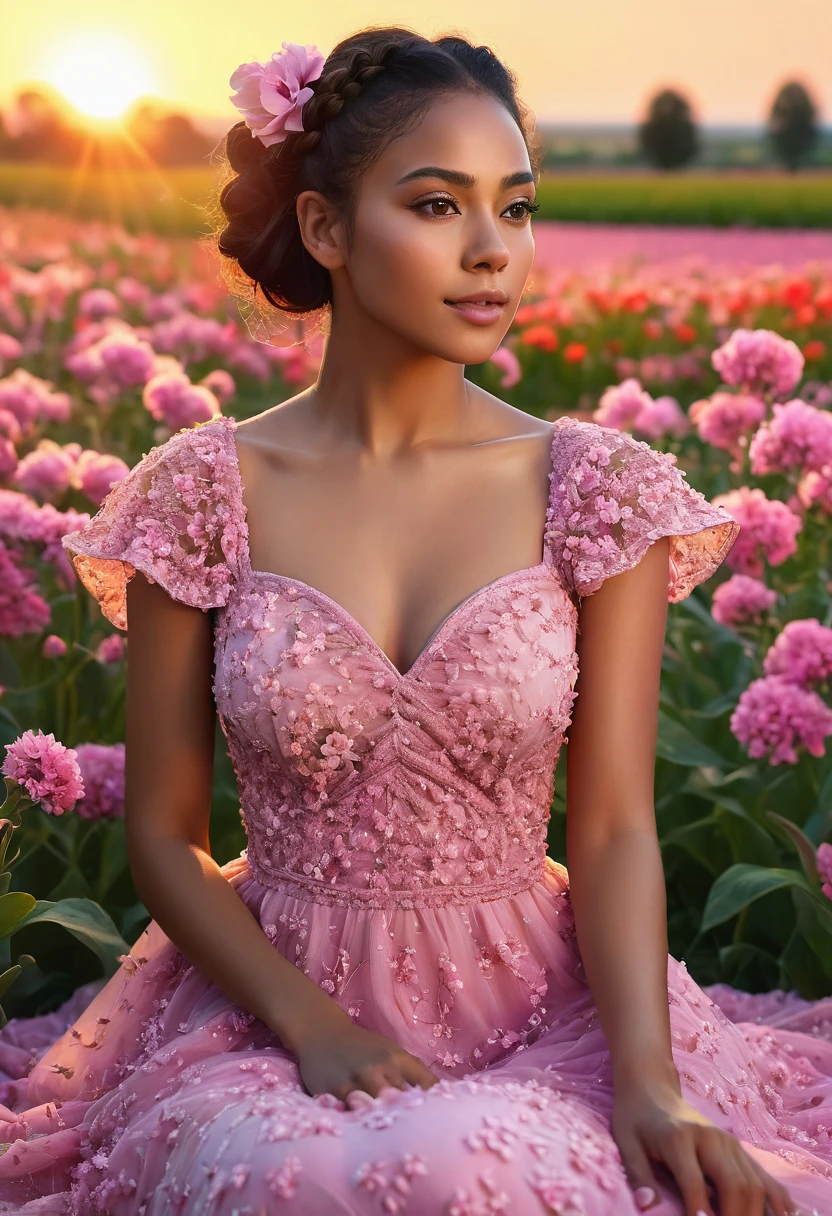 8k, extremely detailed hands and face, beautiful mixed girl, Hair tied ,extremely detailed full body, beautiful chest, cute legs , sitting in a beautiful Flower fields, sunset, long pink dress,vibrant colors, natural lighting, (best quality,4k,,highres, masterpiece:1.2),ultra-detailed,(realistic,photorealistic,photo-realistic:1.37),portrait,landscape