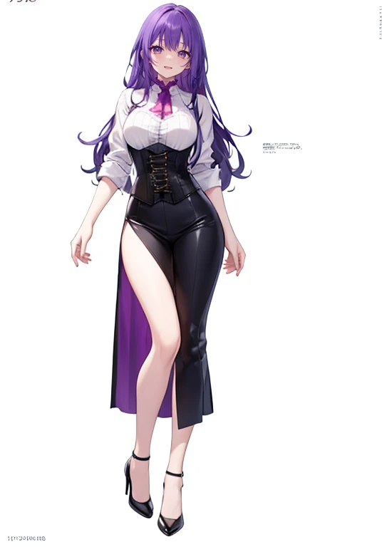 purple,long hair,woman,(corset),Shirt with rolled up sleeves,((Roll up your sleeves)),high heels,,simple background,smile,whole body,full body,full body,Standing picture,vtuber,upright,,Standing upright with face and body facing forward,
