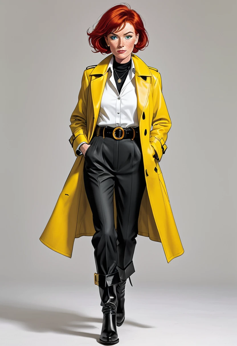 Describe a 60-year-old woman with short red hair, Marked by time on your face and mean eyes. She wears a formal outfit consisting of a white long-sleeved shirt with a collar., waist belt, black pants and boots, complemented by a yellow leather overcoat. Her discreet freckles add a distinctly cartoonish touch to her face., in a style that evokes comic book characters, NOTHING REALISM.