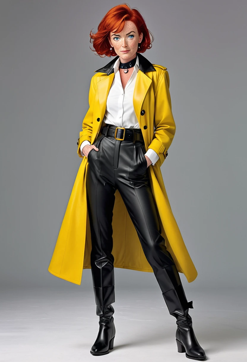 Describe a 60-year-old woman with short red hair, Marked by time on your face and mean eyes. She wears a formal outfit consisting of a white long-sleeved shirt with a collar., waist belt, black pants and boots, complemented by a yellow leather overcoat. Her discreet freckles add a distinctly cartoonish touch to her face., in a style that evokes comic book characters, NOTHING REALISM.