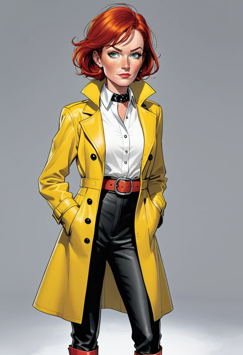 Describe a 60-year-old woman with short red hair, Marked by time on your face and mean eyes. She wears a formal outfit consisting of a white long-sleeved shirt with a collar., waist belt, black pants and boots, complemented by a yellow leather overcoat. Her discreet freckles add a distinctly cartoonish touch to her face., in a style that evokes comic book characters, NOTHING REALISM.