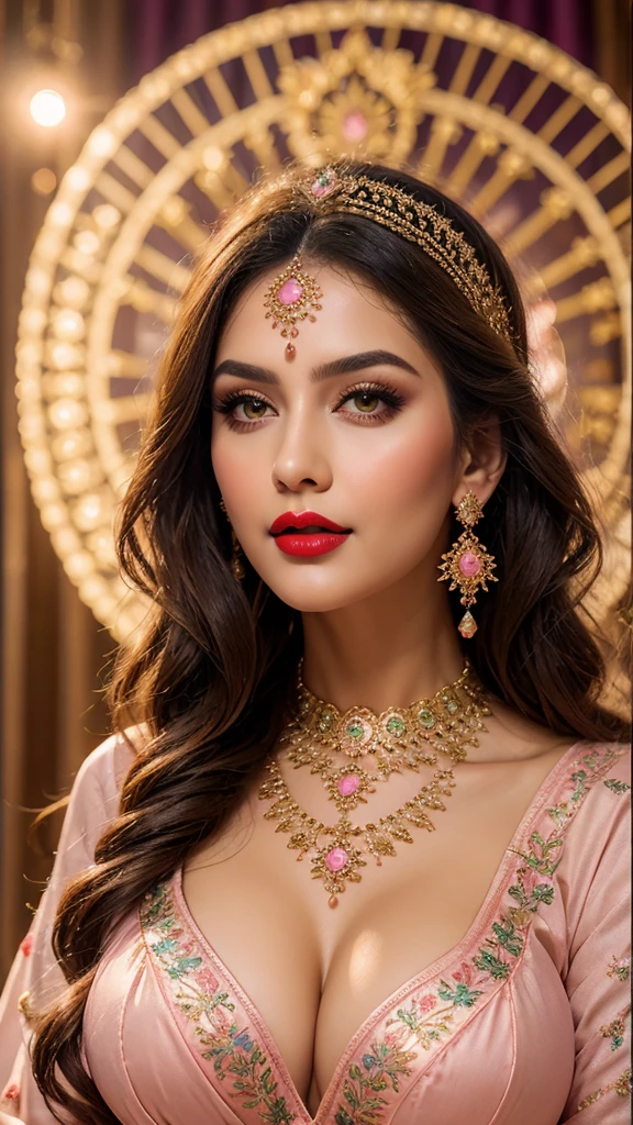 perfect pink eyes, fantastic face, Indian, beautiful look, ((red lips, bright eyes, curve heir 1.5)), ((beautiful details very big breast )), (Straight round and ultra huge clevage, not sagging breast), A glorious gorgeous, glorious gorgeous face, pretty face, bright eyes, detailed elegant printed red hijab, updo elegant hair, blurred gray tones background, ultra focus, face ilumined, face detailed, 8k resolution, painted, dry brush, brush strokes, razumov style and garmash style, by Tokaito, (fluorescent colours:1.4),(semi transparent:1.4),(retro filters:1.4),(fanciful:1.4),Candy World Disneyland Ethereal Soft Fluffy Soft Landscape Forest Snowflake Pale Pink Sky Green Blue Sparkling Ethereal Light Soft Whimsical Light Rainbow Stars Diamond Sparkle Gemstone Background Ultra Realistic Ultra High Quality Cinematic Lighting Huge Details Full HD Painting Plenty of light,diagonal bangs, Dress with collar,side masterpiece, best qualityer,realskin,(sportrait:1.5), 1girll, bluntbangs, long whitr hair,