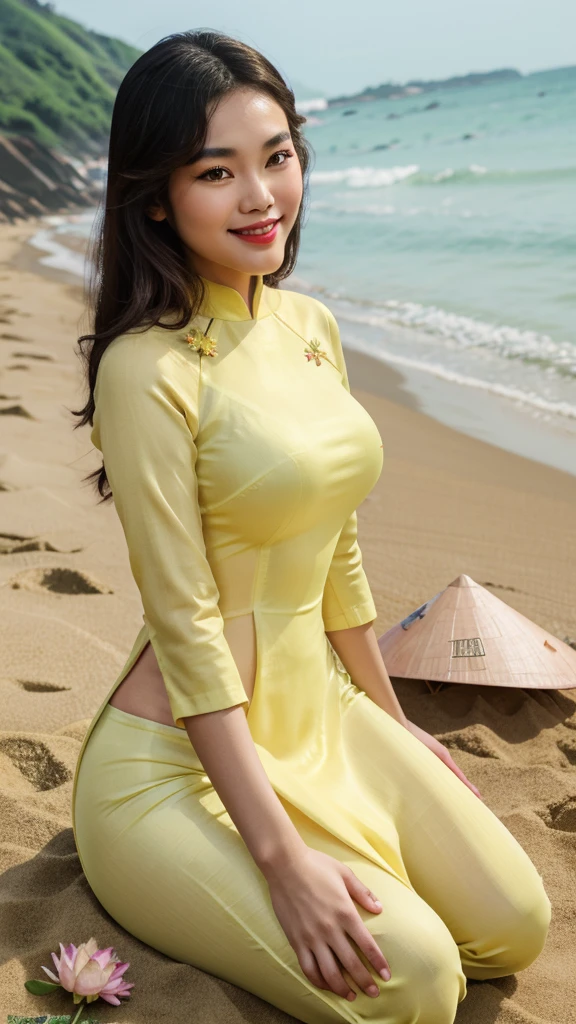 [8k UHD photos, UHD high quality photos, Super detailed and super clear images],
Close-up of a Vietnamese girl with a beautiful face and balanced body, round face, big round eyes, Charming smile, Red lips, long curly eyelashes, big dimples, pointed chin, plump face, Her face resembles Tuyet Linh, Tall and plump figure, big breasts,
wearing a bright and shiny yellow ao dai with embroidered flowers, sitting on the sands on the beach, tạo dáng gợi cảm,
Nhìn từ bên hông,
Satin ao dai,
