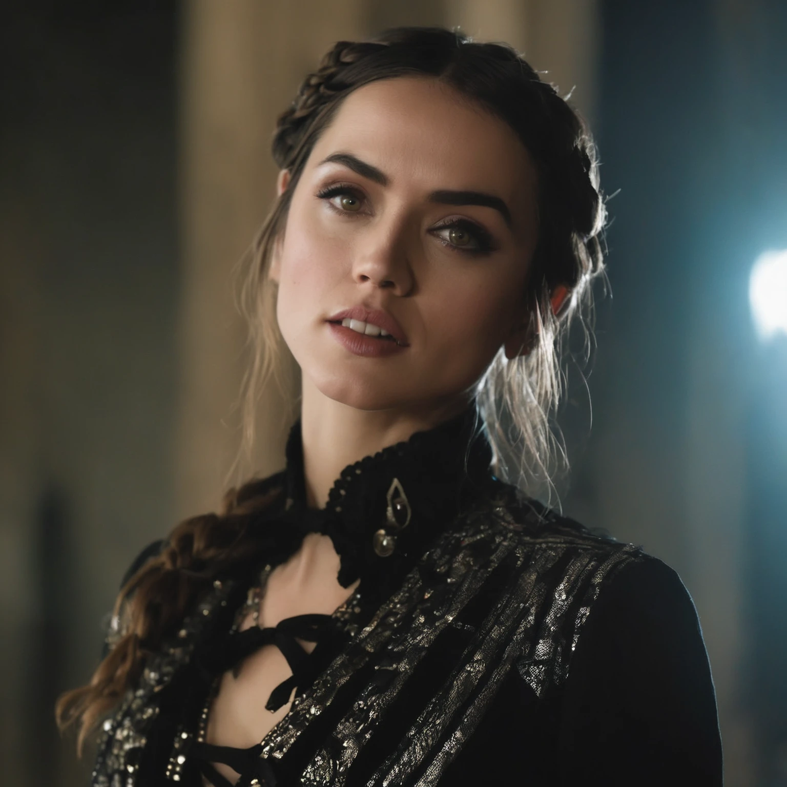 closeup of (ah, Woman) Wearing Gothic clothes, braided braids, in a castle, sharp focus, looking at the camera, make up, cinematic appearance, night time, mystical atmosphere, Mediovale, dark haired