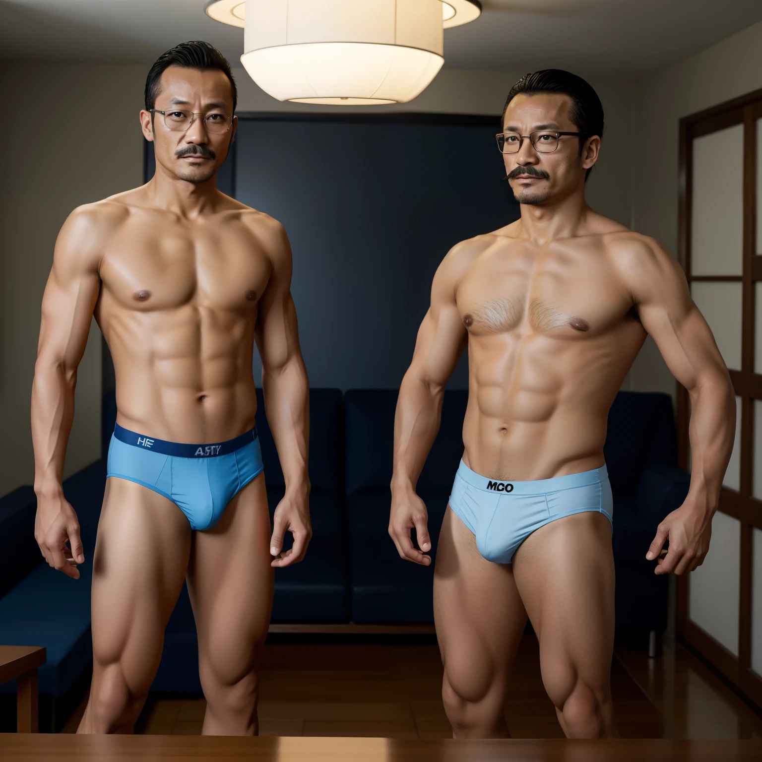 40 years old，Hidetoshi Nakata，（Kogoro Mori 1.3），Two skinny muscular men standing，Body hair，whole body，foot，Black socks，Glasses，Light blue underwear，Topless，Body hair茂密的，Fortitude，HD，With a mustache