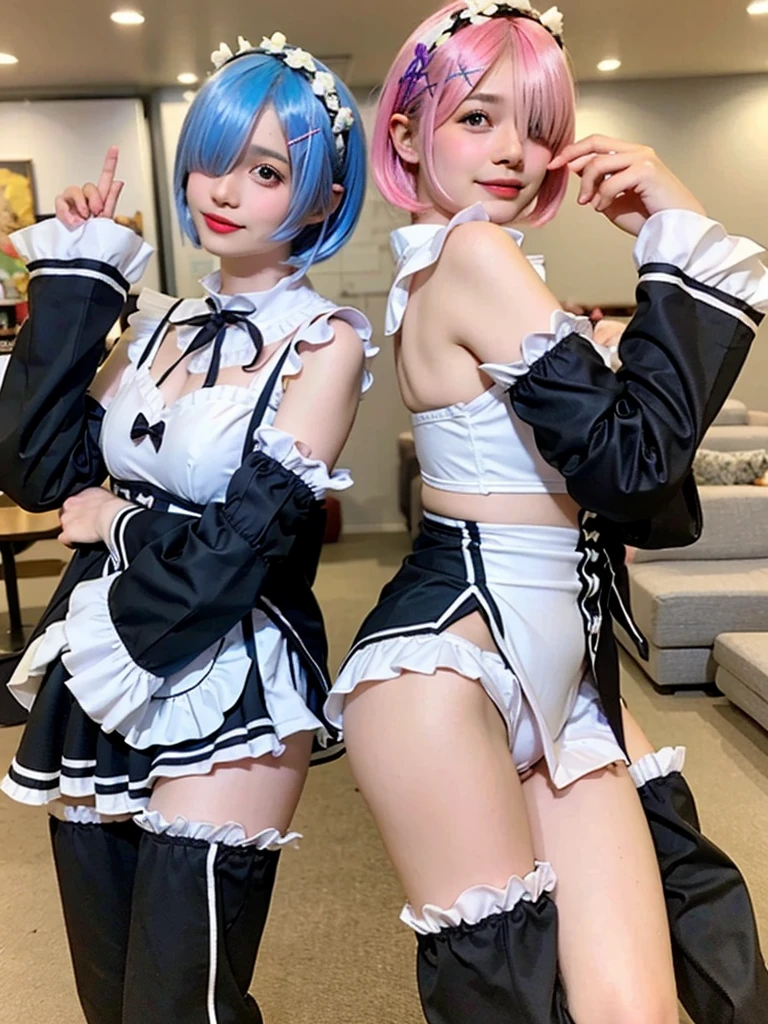 (8K, Photorealistic, Raw photo, of the highest quality: 1.3), (1girl in), Super beautiful, (Realistic face), (boyish, Silver Color berry Shorthair), beautiful , Glare that captivates the viewer, beautiful expression, beautiful breasts, (Realistic skin), be...Create a detailed and colorful image of Ram and Rem from Re:NULL, standing back-to-back in their blue swimsuits、Pink bikini swimsuit、へそ出しwith a magical fantasy background、14years old, two girls,cute, perfect face, beautiful, nice body, boots, double eyelids, tear bags, Detailed down to the fingers, photo-like description, indoors, dim indoor lighting, one girl is pink hair and short bob, another girl is light blue hair and short bob,standing, whole body, composition that shows the whole body, smiling,The Both of them are wearing the same type of 水着
