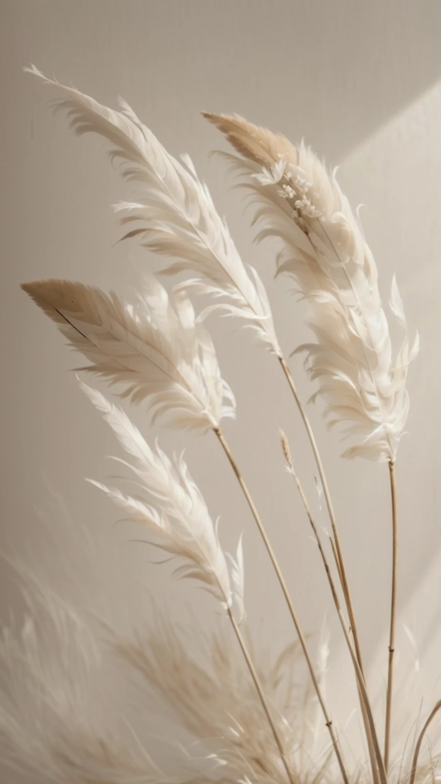 a close-up of a vase with some white flowers, dried plants, white feathers, soft and fluffy, dry grass, already, penugem de feathers, soft feather, feathers, dried flowers, ostrich feathers, still life photo of a backdrop, rich in texture ), gentle shadow, dried flower, Phragmites, plant photography, soft sepia tones