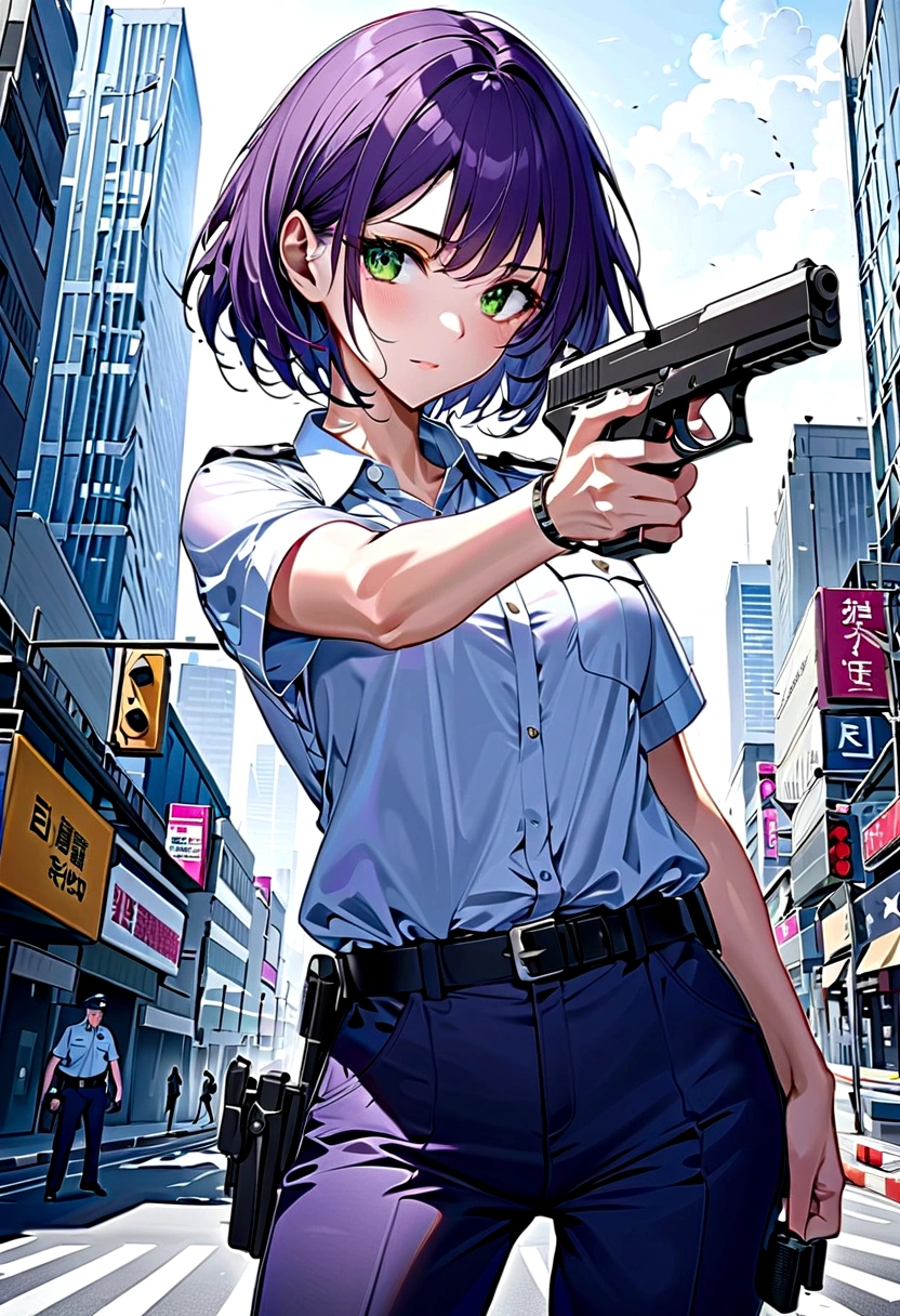 ((masterpiece)), ((best quality)), ((high resolution)), 1 Girl, Solitary, police officer, (matching pants, casual pants), City background, (Holding and aiming a pistol, Detailed handgun, Glock 22, Trigger discipline), permanent, Medium Length Hair, (Purple Hair, Double tail), (Green Eyes),