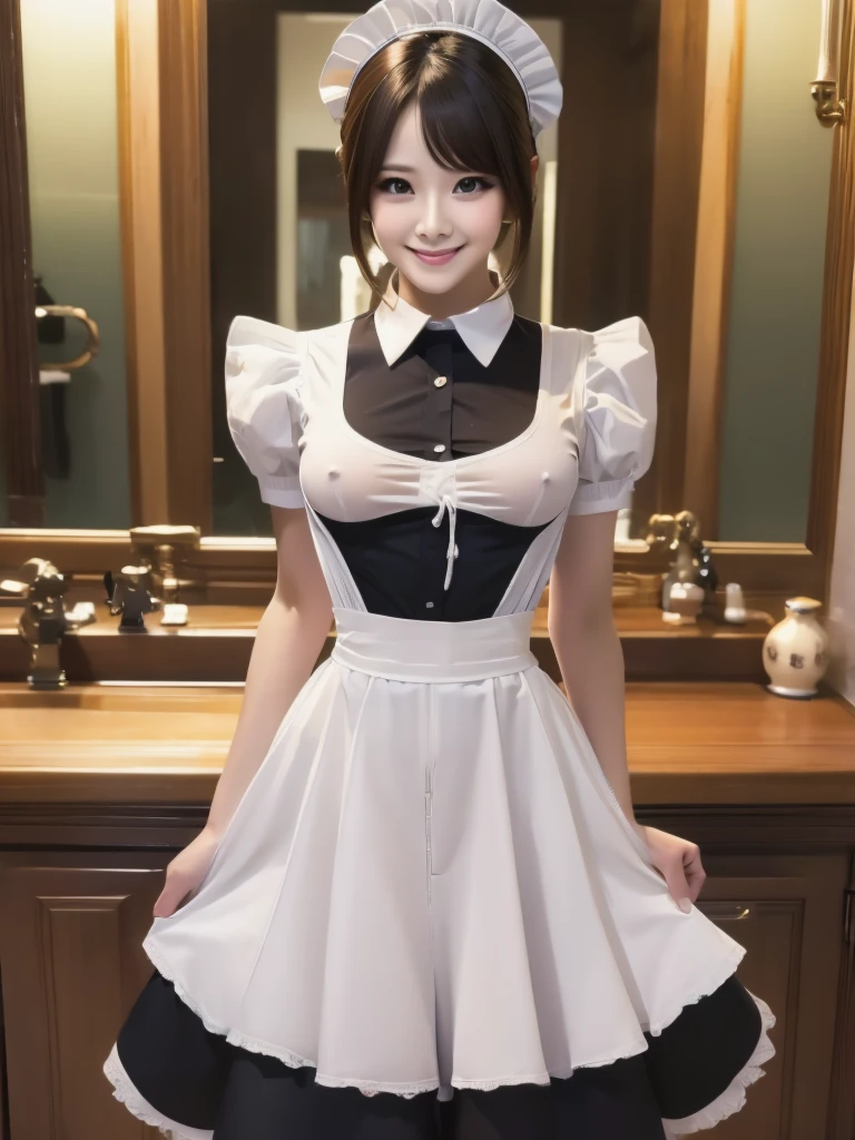 Highest quality、masterpiece、8K、Very detailed、Realistic、One person、Looking at me with a smile、whole body、Big Breasts、Erect nipples、Thin and beautiful legs、Tight and slim waist、Tight and see-through maid outfit、skirt