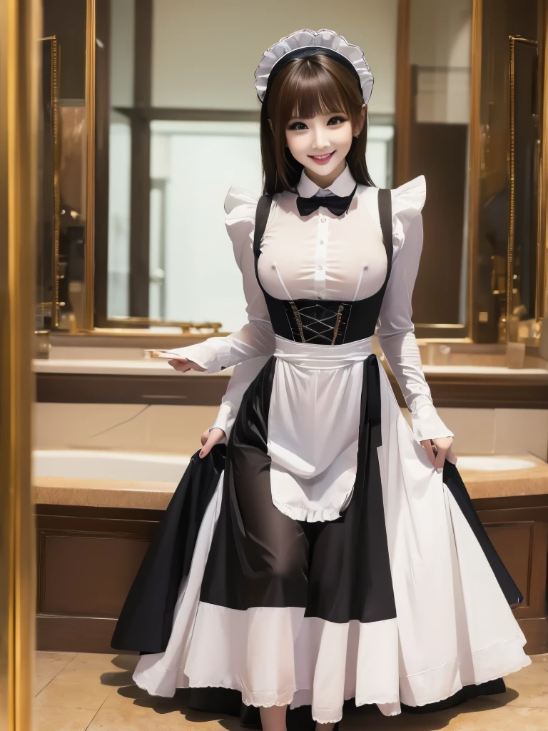 Highest quality、masterpiece、8K、Very detailed、Realistic、One person、Looking at me with a smile、whole body、Big Breasts、Erect nipples、Thin and beautiful legs、Tight and slim waist、Tight and see-through maid outfit、skirt