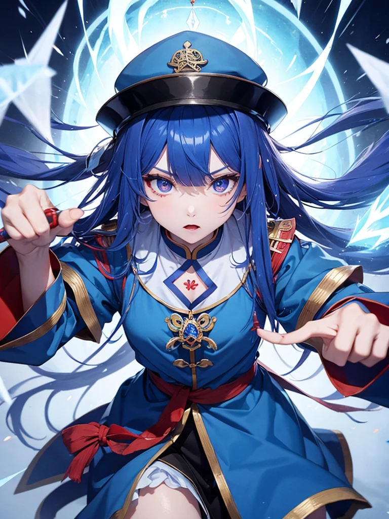 Jiangshi girl wearing blue uniform attacking with ice magic with long hair