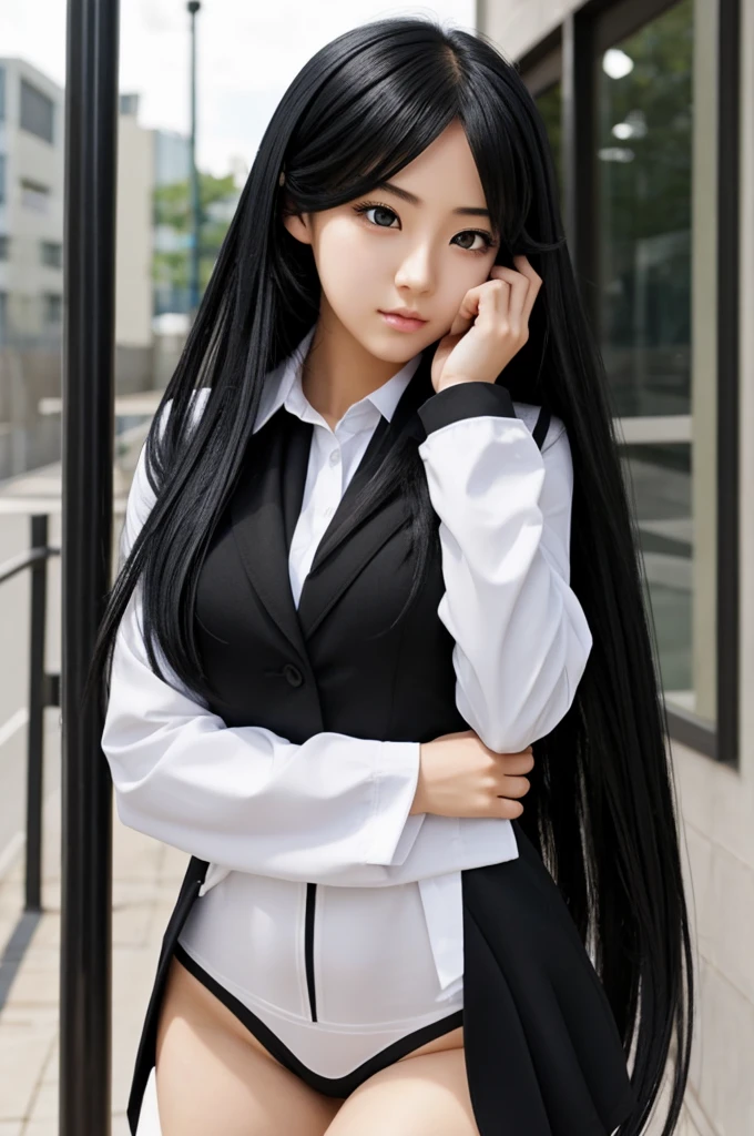 Create a very attractive anime girl with long black hair, very tight school suit.