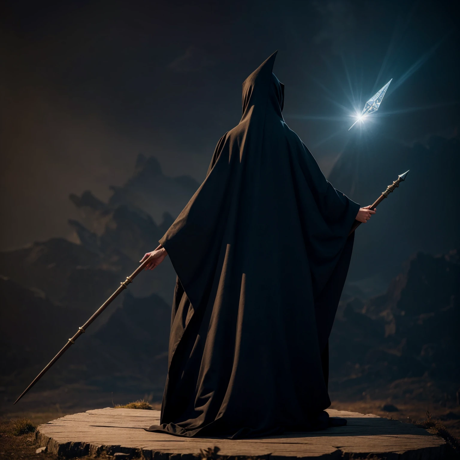 Witch woman from back and full body, looking to the horizon, with wizard's cloak, wizard's robes, with wooden staff and diamond tip, hooded cloak movement, ancient wizard's command and white background