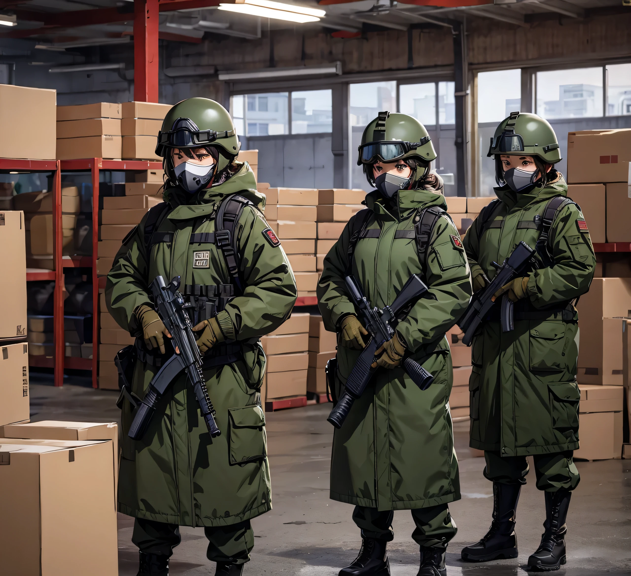 Four female soldiers all wearing dark green thick coats、helmet、Gas Mask、Goggles、Standing guard with gun、Indoor warehouse、It's snowing outside、masterpiece、best quality、Highly detailed CG、8K picture quality