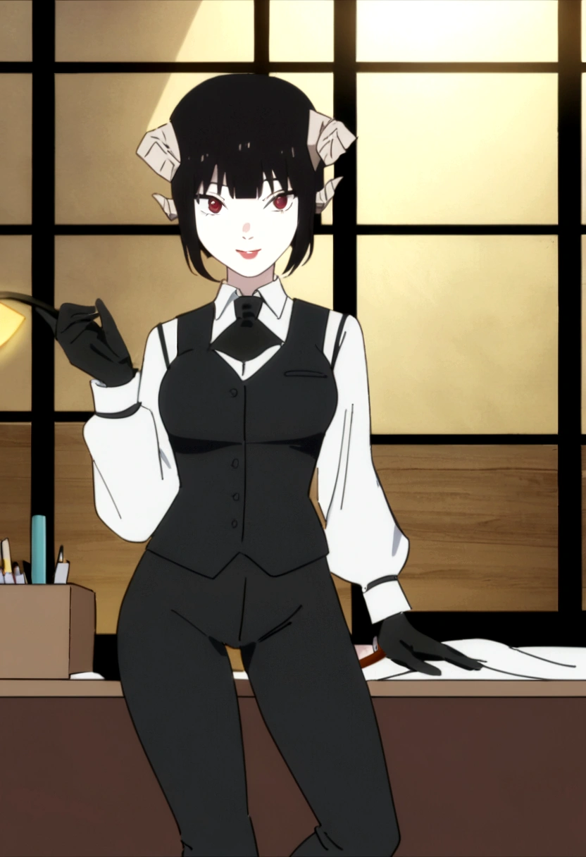 A semi-human waiter, half human orca and cat. (killer whale tail and cat ears), long purple hair tied in a ponytail, with a curvy figure, the woman smoking, with serious face and tall body, Red eyes, the woman is in a bar with alcoholic drinks in the background, With a knife in your hand, slightly blushing