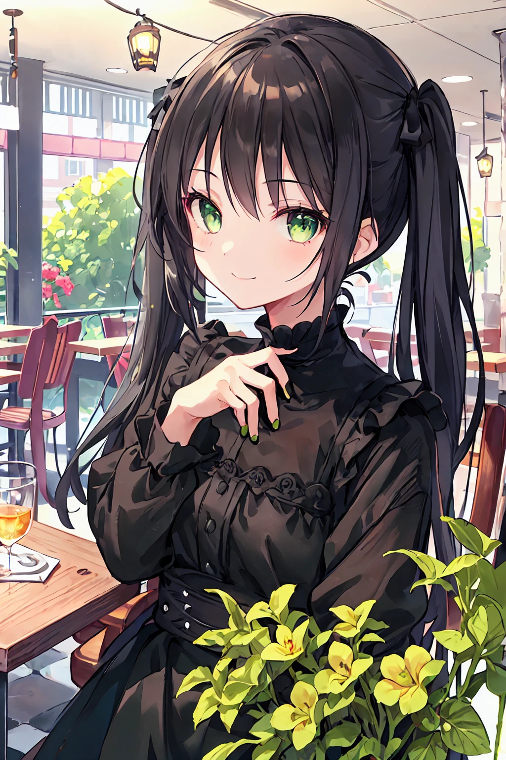 One Girl,Jewel Eyes,Beautiful arrangements and motifs、Few、Game character design、Written boundary depth , wonderful, beauty、Transparency、Game character design、(One Girl:1.0)、Black Hair、Twin tails、Straight hair、cute、Upper Body、Green Eyes、Inside the cafe、Cafe Background、Sit on a chair，(Black outfit:1.5)、front、smile、cool