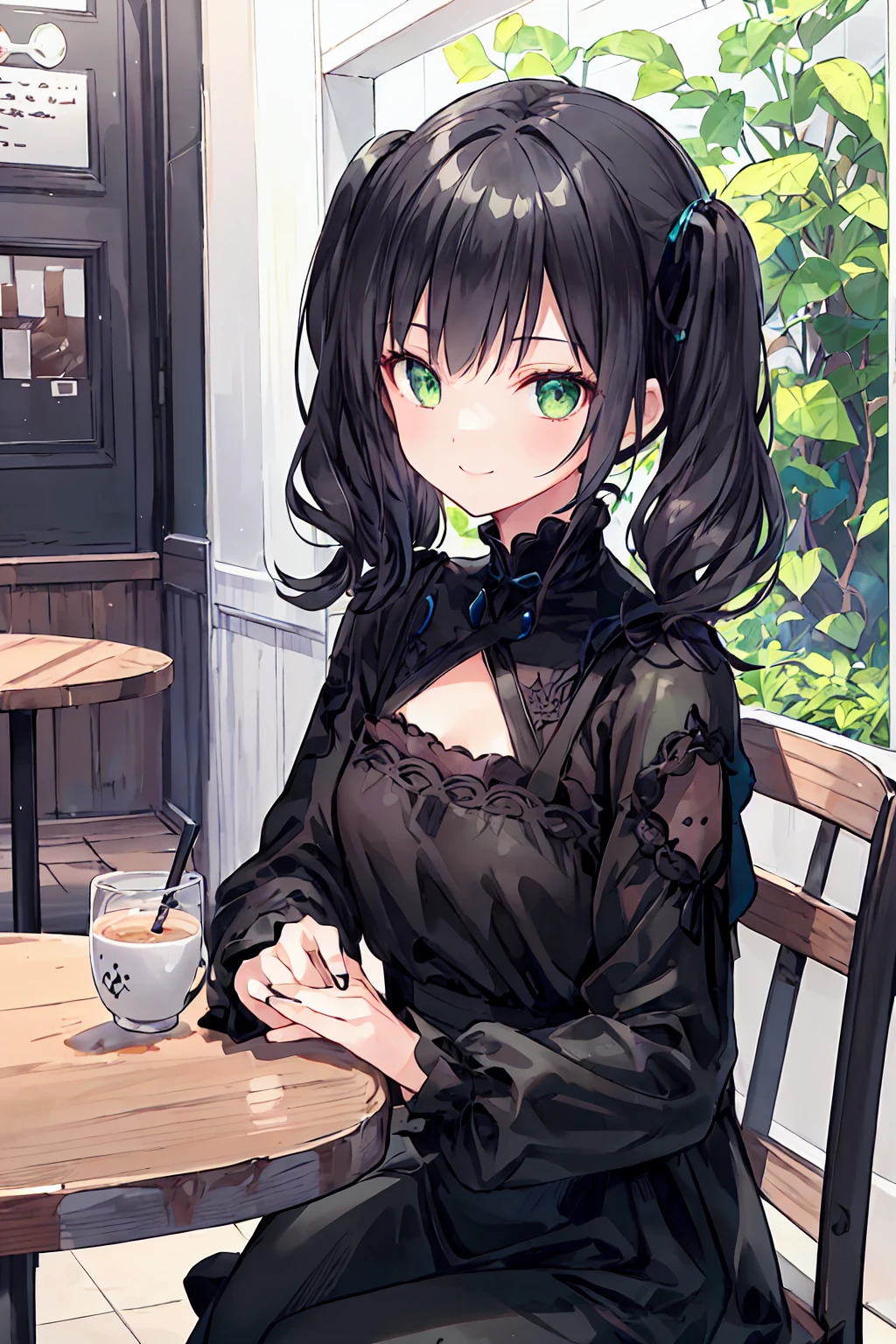 One Girl,Jewel Eyes,Beautiful arrangements and motifs、Few、Game character design、Written boundary depth , wonderful, beauty、Transparency、Game character design、(One Girl:1.0)、Black Hair、Twin tails、Straight hair、cute、Upper Body、Green Eyes、Inside the cafe、Cafe Background、Sit on a chair,(Black outfit:1.5)、front、smile、cool