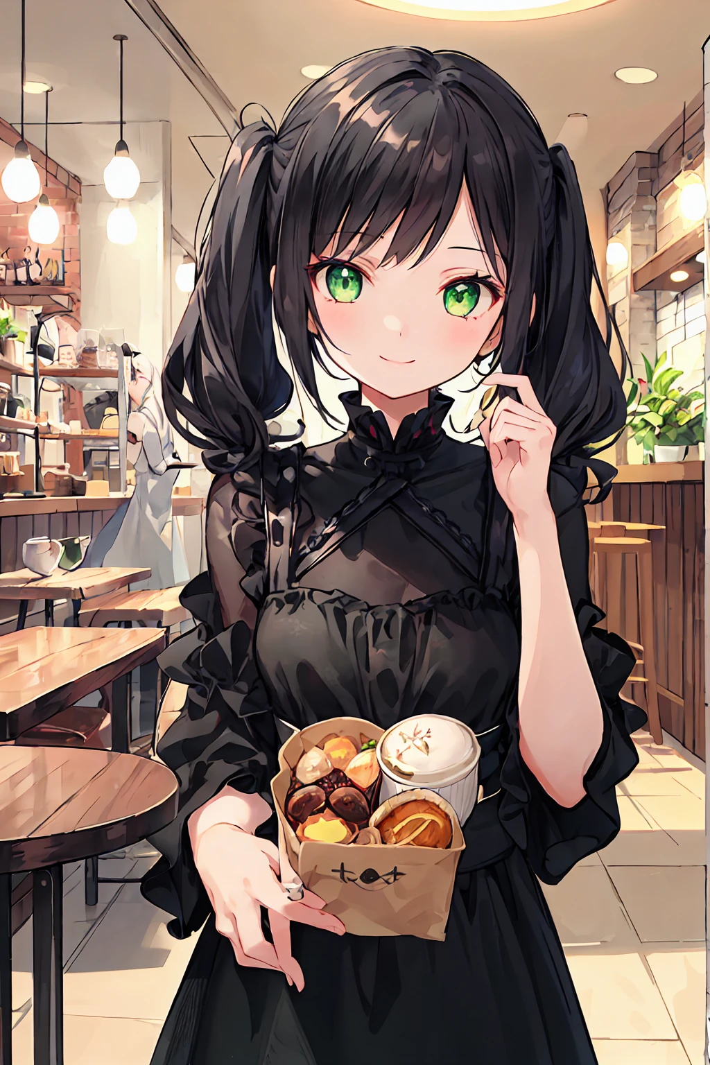 One Girl,Jewel Eyes,Beautiful arrangements and motifs、Few、Game character design、Written boundary depth , wonderful, beauty、Transparency、Game character design、(One Girl:1.0)、Black Hair、Twin tails、Straight hair、cute、Upper Body、Green Eyes、Inside the cafe、Cafe Background、Sit on a chair,(Black outfit:1.5)、front、smile、cool