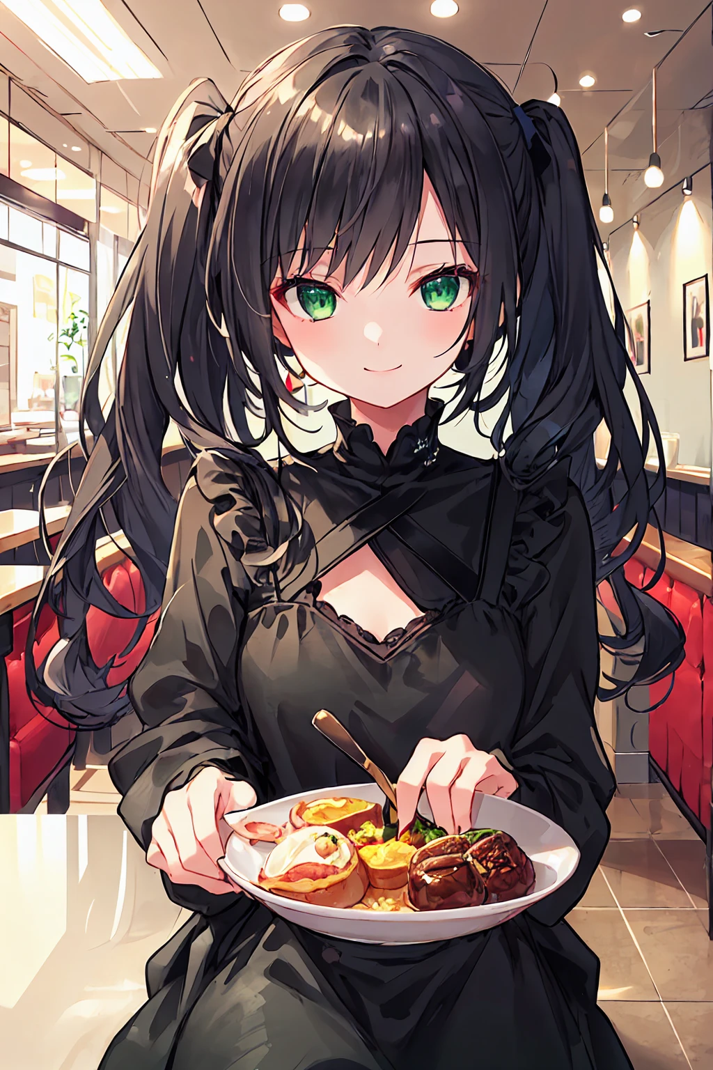 best quality,masterpiece,highres,<lora:acrossTableConcept_v10:1>,beautiful lighting,1girl,cafe,elbows on table,chin_rest,happy,cake,hair ornament,pov,glasses,necklace,