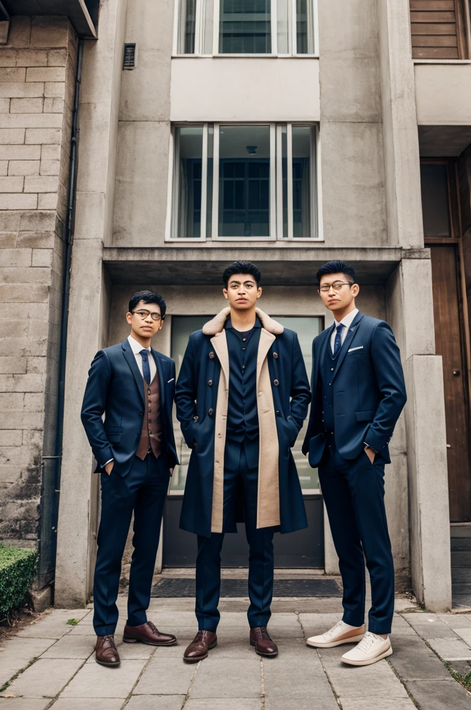 Three brothers standing in front of behind building 