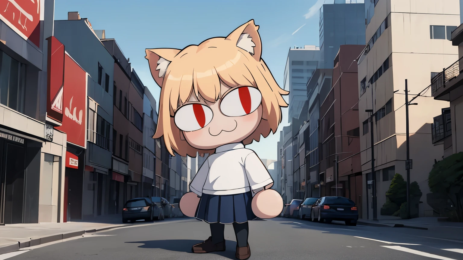(masterpiece, best quality:1.2), necoarc, slit pupils, cat ears, blonde hair, red eyes, chibi, 1boy, solo, white turtleneck, blue skirt, pleated skirt, brown footwear, pantyhose, outdoors, (solo portrait), (front view), highlight thighs,
