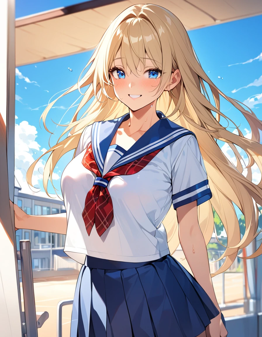 (Top quality illustrations:1.2), (pretty girl:1.1), (1 girl、、Top quality illustrations:1.2), (1 girl、Kind eyes、blue eyes:1.2)、Blonde、Semi-long hair、Mature、Beautiful breasts 、High School Uniform{Sailor suit、Short sleeve、Pleated skirt with red plaid pattern)、Schoolyard、summer、blue sky、Sweat、smile