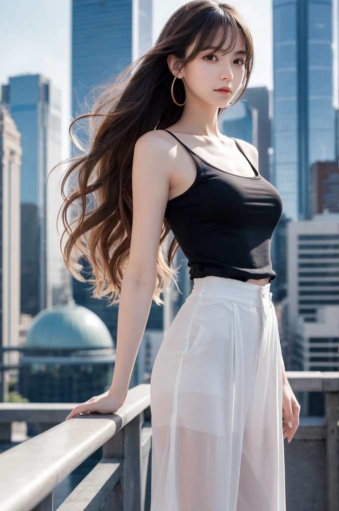 {{{Ultra Detail}}}, {{{realistic}}}, {{{depth of field}}}, full body, from side, head tilt, incredibly detailed, longuette, 1 girls, 30 years old, very long hair, curly hair, high ponytail, light brown hair, beatiful detailed hair, Perfect face, Delicate arms and hands, slim legs, white skin, piercing, oversized clothes, large top sleeves, black trousers, open clothes, cityscape, delicate background, blurry background, an extremely delicate and beautiful, {{{wallpaper 8k CG}}}, {{{best quality}}}, {{{best masterpiece}}},