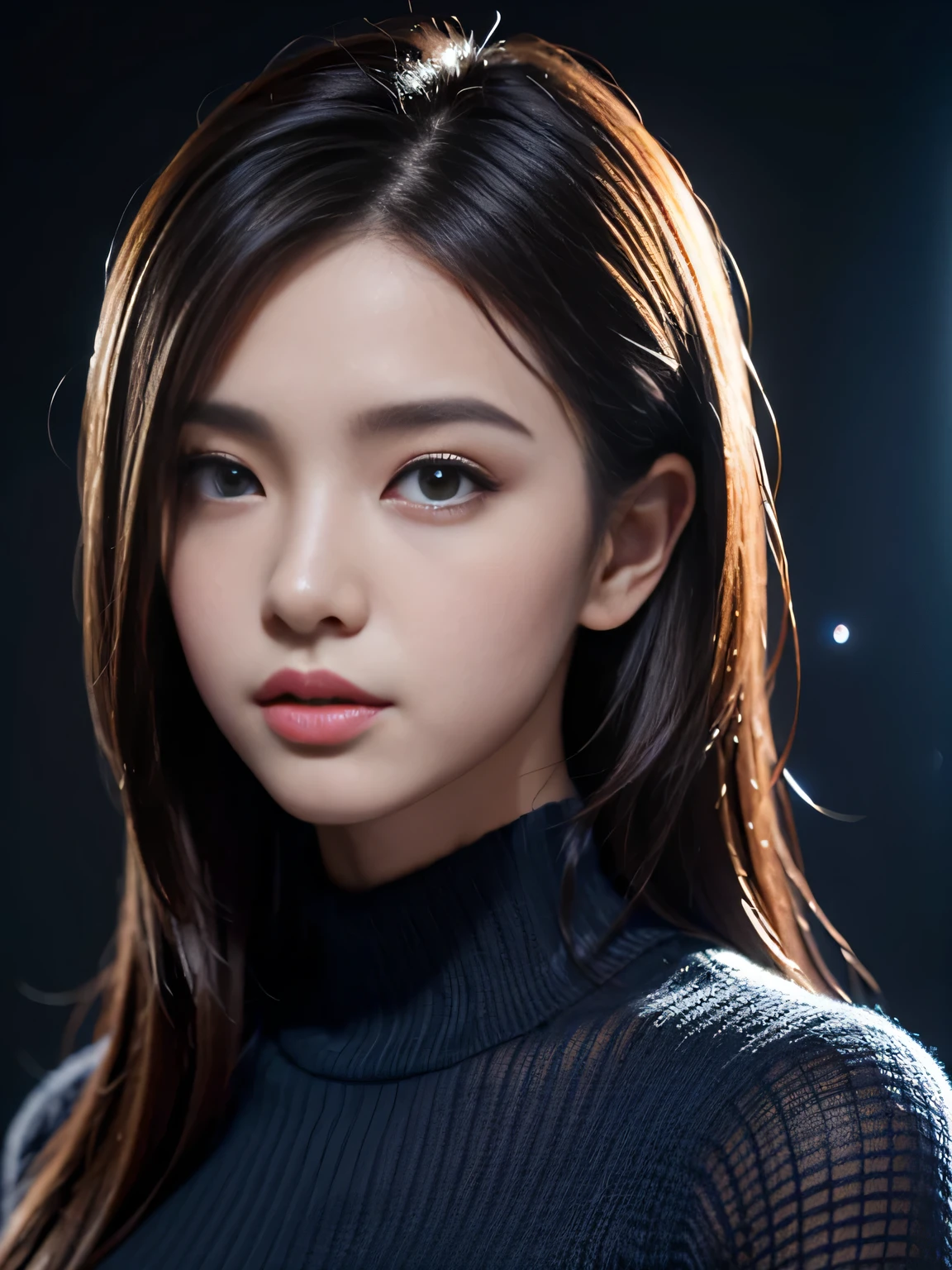 masterpiece, best quality, ultra-detailed, intricately detailed hyperdetailed, realistic, sharp features, highly detailed, sharp focus, (Japanese idol), 19 years old, perfect face, perfect and delicate gray eyes, perfect lips, flexible female form, cinematic, hyper detailed, hyper realistic, high resolution, gloomy shadow, brown hair, messy hair, Black sweater, portrait, head shot, blue and purple cinematic lighting, (Dark room:1.3), (rim light:1.3), (Dimly light:1.3), (Dark night:1.3), Indoors, (dark fantasy), ((deep Blue hour)),