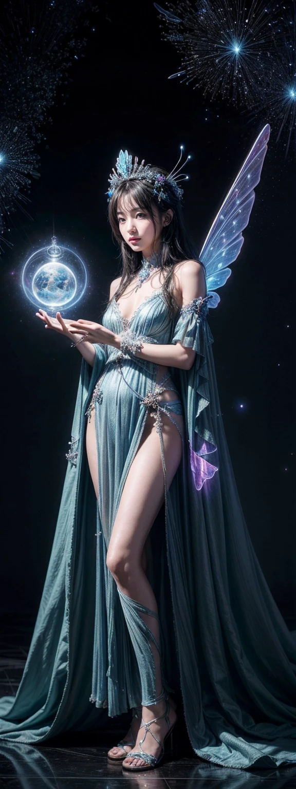 absurd , high resolution, Extremely detailed, (1 Girl:1.3), rest, fantastic dress, Headdress, rest, Mild personality, Dark Man, mind control, Fractal, whole body, 天flower板, Artistic Background, Blue bioluminescence, Geometric, organic, bless, supportive, Sublime, sublimation, noble, Expand, Unravel, anti-gravity, Antimatter, Guardian Angel, Saint, 神Saint, , dignified, Red bioluminescence, flower, Holographic Wings, Magic Circle, Photon, Butterfly, scales, galaxy, Birk,