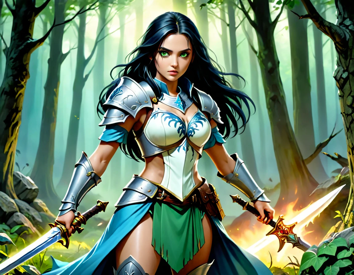 Arafed, a picture of woman paladin of nature protecting the forest from a (zombie: 1.3), a woman knight, black hair, long hair, full body (best details, Masterpiece, best quality :1.5), ultra detailed face (best details, Masterpiece, best quality :1.5), ultra feminine (best details, Masterpiece, best quality :1.5), (black hair: 1.2), long hair, braided hair, pale skin, (deep blue: 1.2) eyes, intense eyes, wearying heavy armor, (white armor: 1.2)  (best details, Masterpiece, best quality :1.5), (green cloak: 1.2) , armed with a sword, glowing sword DruidMagicAI, fighting a ((zombie: 1.5)) (dark fantasy art, best detailed, masterpiece: 1.5), dead zombie, skeletal hand, rotten flesh, filthy cloths, branches holding the zombie,  muddy cloths,  fantasy forest background, D&D art, RPG art, magical atmosphere magic-fantasy-forest, ultra best realistic, best details, best quality, 16k, [ultra detailed], masterpiece, best quality, (extremely detailed), ultra wide shot, photorealism, depth of field, hyper realistic painting,