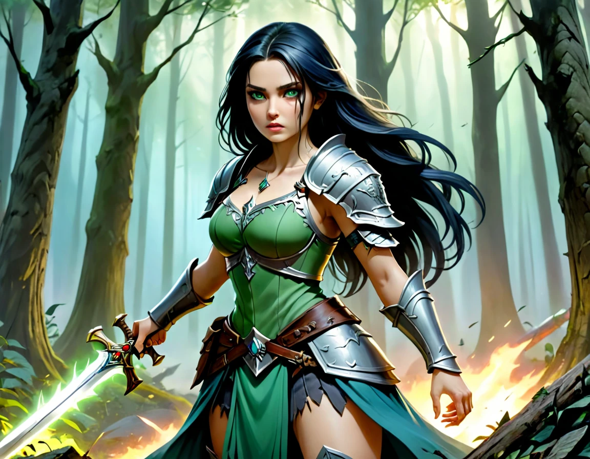 Arafed, a picture of woman paladin of nature protecting the forest from a (zombie: 1.3), a woman knight, black hair, long hair, full body (best details, Masterpiece, best quality :1.5), ultra detailed face (best details, Masterpiece, best quality :1.5), ultra feminine (best details, Masterpiece, best quality :1.5), (black hair: 1.2), long hair, braided hair, pale skin, (deep blue: 1.2) eyes, intense eyes, wearying heavy armor, (white armor: 1.2)  (best details, Masterpiece, best quality :1.5), (green cloak: 1.2) , armed with a sword, glowing sword DruidMagicAI, fighting a ((zombie: 1.5)) (dark fantasy art, best detailed, masterpiece: 1.5), dead zombie, skeletal hand, rotten flesh, filthy cloths, branches holding the zombie,  muddy cloths,  fantasy forest background, D&D art, RPG art, magical atmosphere magic-fantasy-forest, ultra best realistic, best details, best quality, 16k, [ultra detailed], masterpiece, best quality, (extremely detailed), ultra wide shot, photorealism, depth of field, hyper realistic painting,