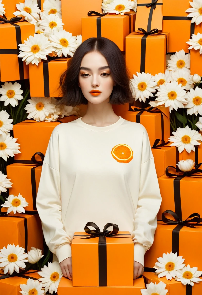 poster design，Lots and lots of huge orange gift boxes，Flowers，Ribbon，White crewneck shirt，fantasy，Minimalism，fantasy，in style of Hayv Kahraman