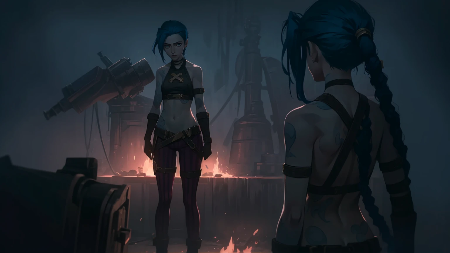 (masterpiece, Best quality), 1 girl, crying, portrait, very sexy, full length (full body 1.1.), очень feminine, Bare breasts, beautiful waist, gloomy composition, flame, fire, Flash, very beautiful, feminine, long hair, hair braided in long braids, very sexy, emphasis on the eyes, face accent, Beautiful face, Hands, Hair, Haired ponytail, tie ,red purple eyes, Джинкс crying, Blue cloud tattoo, (masterpiece, Best quality), Side lighting, beautiful detailed eyes, crazy face), (Best quality), (masterpiece), magic photography, Spectacular lighting, Photorealism, ultra detailed, интимная portraitная композиция, 1. 4,8 k UHD, aesthetic, Cd., A high resolution, 8 k, better lighting, Best shade, Ultra-HD, A high resolution, sharp focus, Complex background, Cinematic lighting, ((Landscape view)), 4K block, (better lighting), ((Cinematic lighting)),