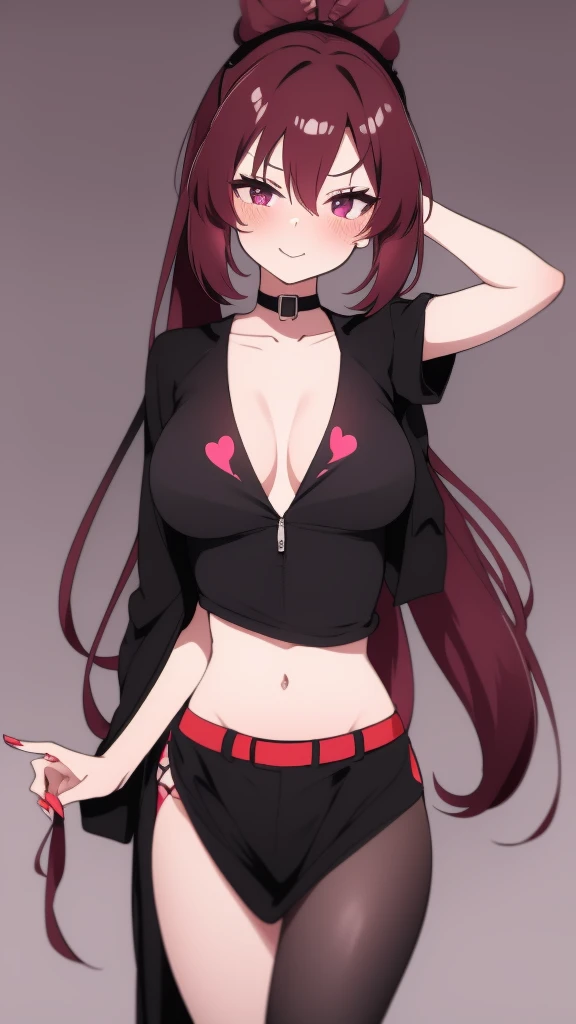 high tail hairstyle, Ponytail hairstyle, Long wavy black hair, standing posing, anime girl style, pixel art anime style,penetrating look with deep eyes,red and purple eyes, hair with a ponytail hairstyle trapped with a big red bun, Women, red hair clips, x color shaped hair clips , smiling face blush, 